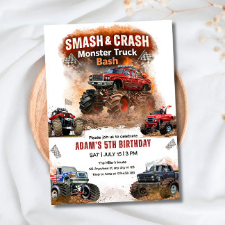 Smash & Crash Monster Truck Bash Birthday Boys Car Invitation