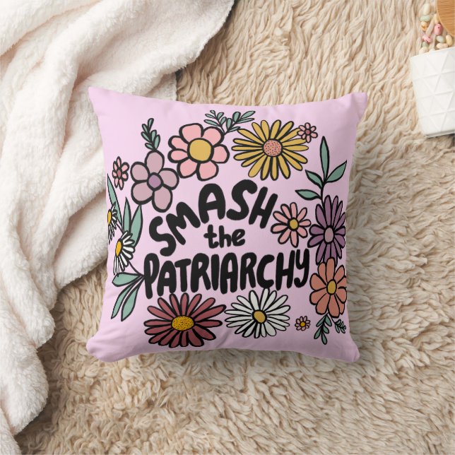 SMASH the PATRIARCHY Floral Cute Daisy Hand-Drawn Throw Pillow (Blanket)
