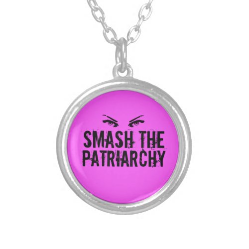 Smash the Patriarchy Pink Feminist Quote Eyes Silver Plated Necklace