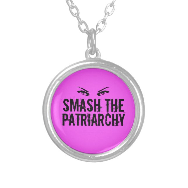 Smash the Patriarchy Pink Feminist Quote Eyes Silver Plated Necklace (Front)