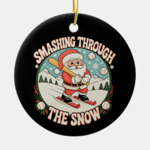 Smashing Through The Snow Baseball Santa Christmas Ceramic Ornament