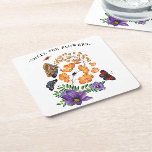 Smell the flowers design square paper coaster
