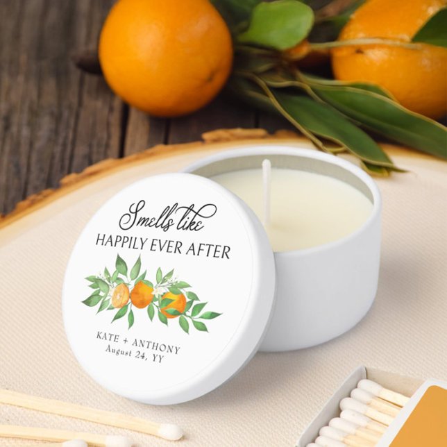Smells Like Happily Ever After Orange Wedding Mini Candle Favors (Happily Ever After Tin Candle favor Orange Blossom Wedding Collection by Darling & May)