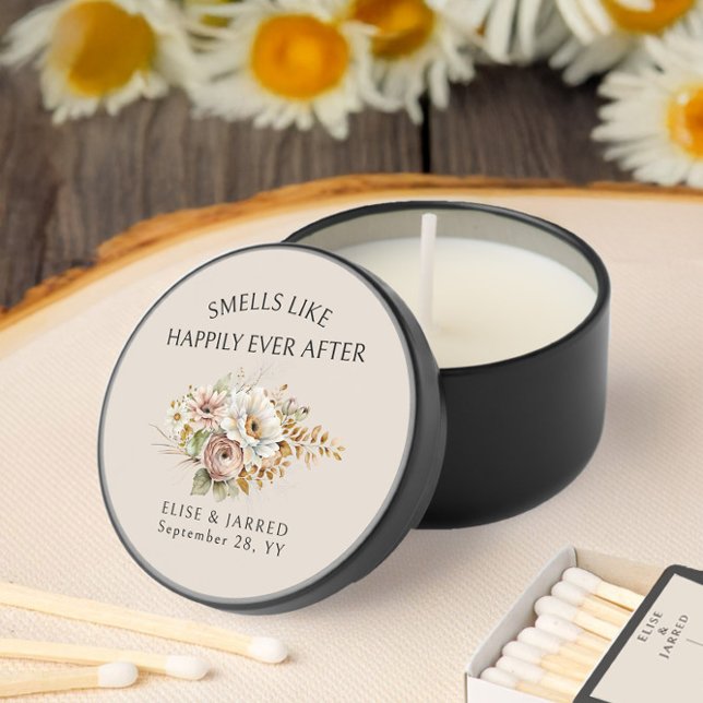 Smells Like Happily Ever After Rustic Floral Mini Candle Favors (Wedding Candle Guest Favor from the Rustic Brown Floral wedding collection by Darling & May)