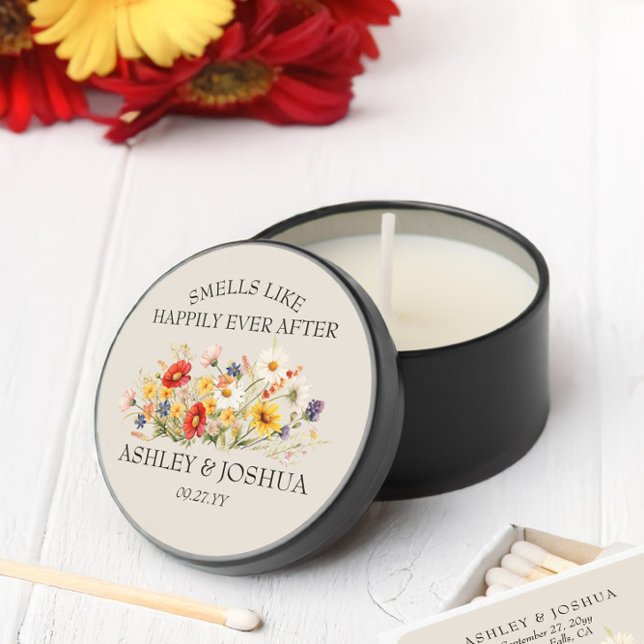 Smells Like Happily Ever After Rustic Wildflower Mini Candle Favors (Wedding guest tin candle favor from the Rustic Wildflower wedding collection by Darling & May)
