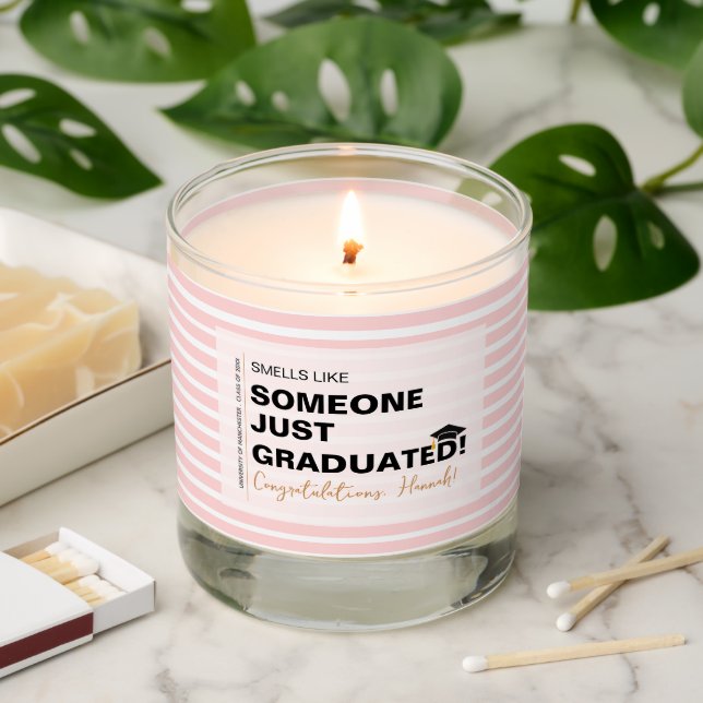 Smells Like Someone Just Graduated Pink Stripe  Scented Candle (Lit)