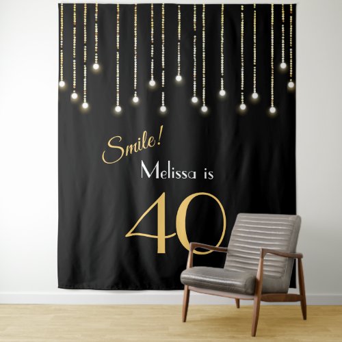 Smile 40th Birthday Black Gold Photo Backdrop