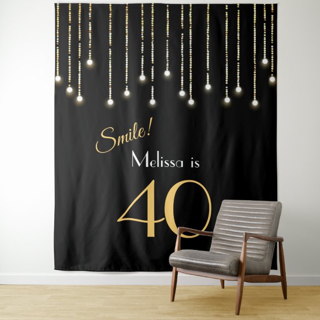 Smile 40th Birthday Black Gold Photo Backdrop (In Situ)