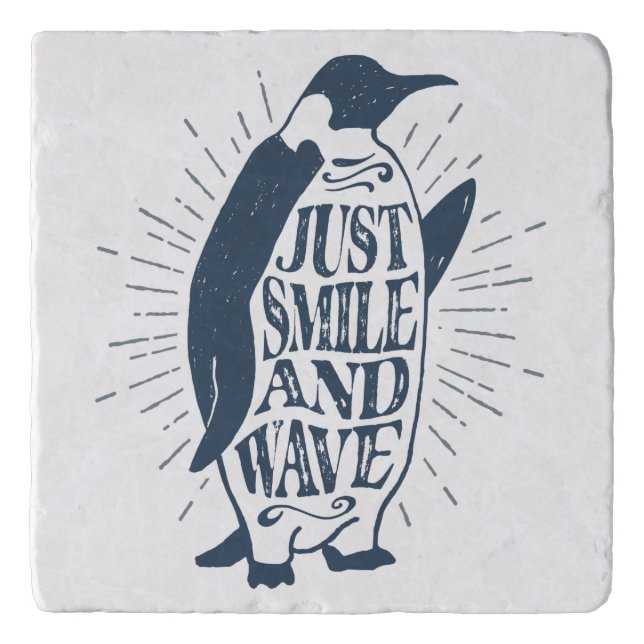 Smile and Wave Hipster Word Art Penguin Trivet (Front)