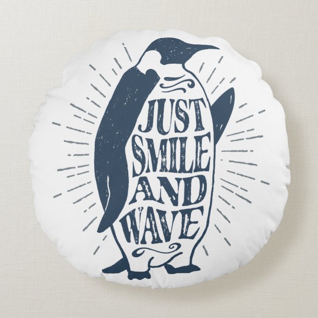 Smile and Wave Penguin Round Pillow (Front)
