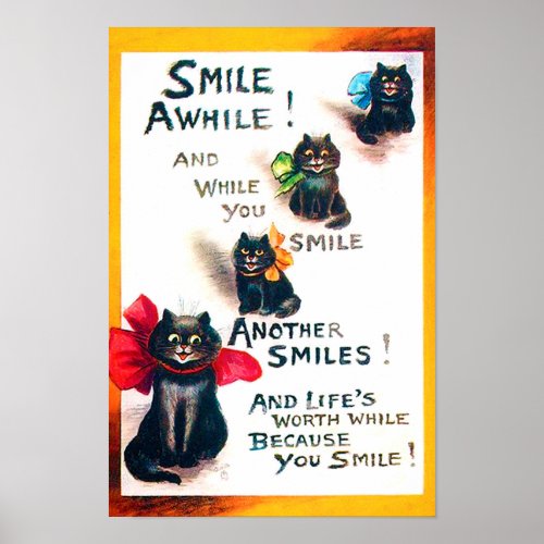 Smile Awhile Black Cat Louis Wain Poster