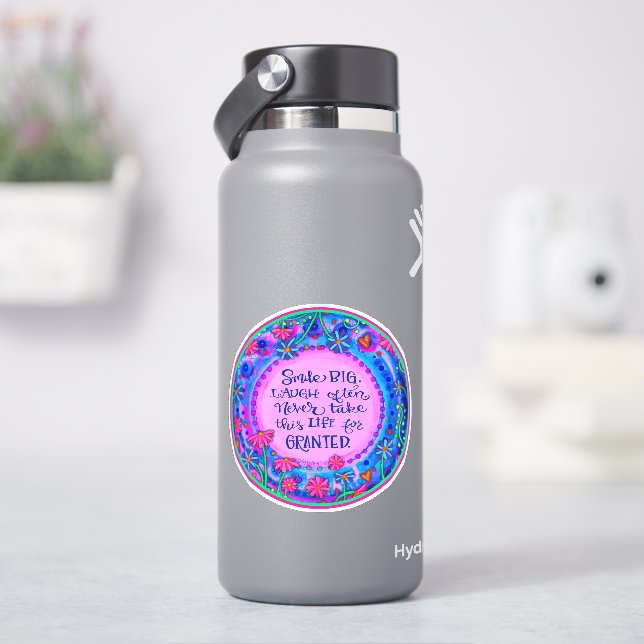 Smile Big Encouragement Pink Floral Inspirivity Sticker (HydroFlask)