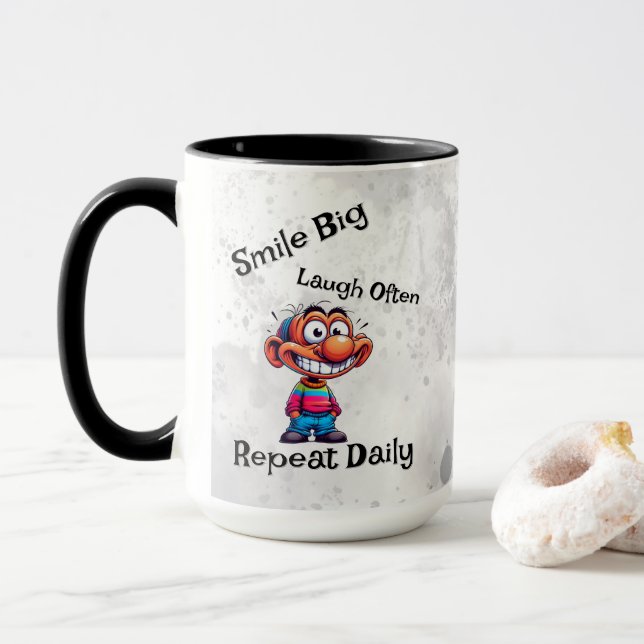 "Smile big, laugh often, repeat daily" Cartoon Mug (With Donut)