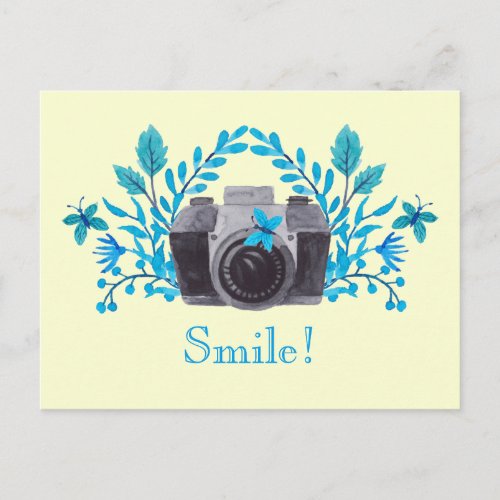 Smile Camera With Blue Leaves And Butterflies Postcard