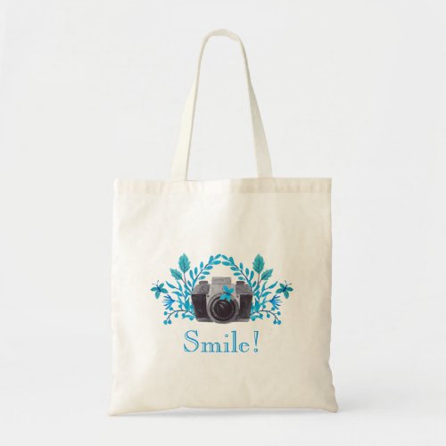 Smile Camera With Blue Leaves And Butterflies Tote Bag