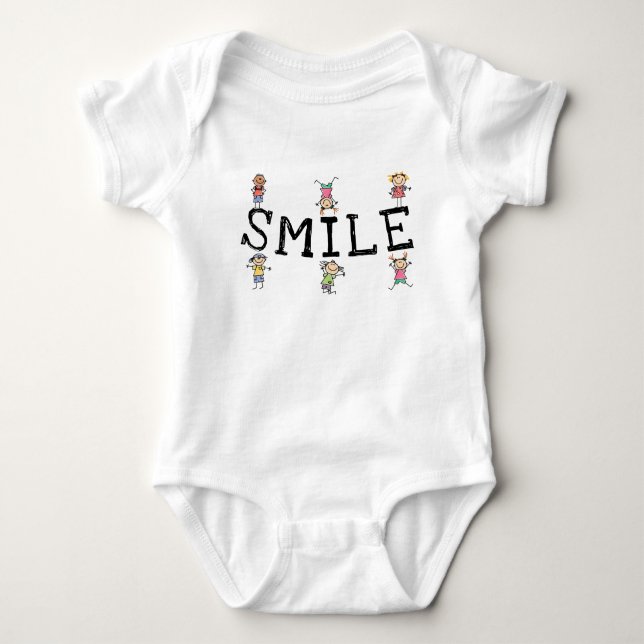 Smile Cute Cartoon Stick Figure Children Playing Baby Bodysuit (Front)