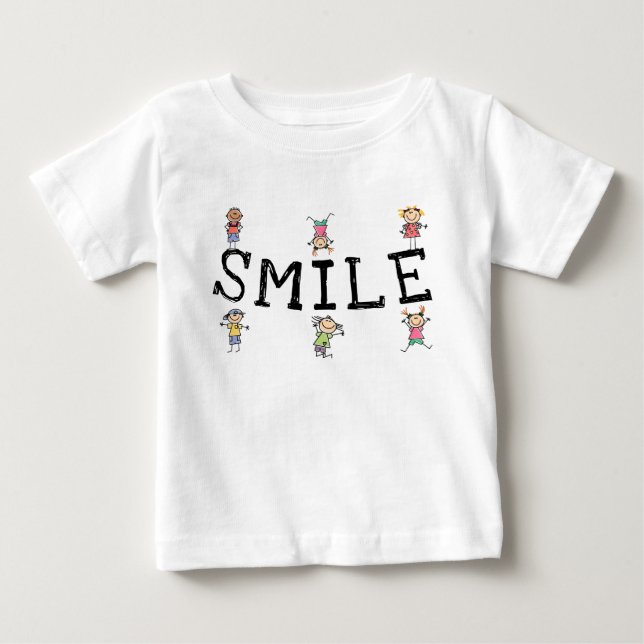 Smile Cute Cartoon Stick Figures Children Playing Baby T-Shirt (Front)