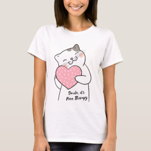 Smile Cute Kawaii Cat Holding Pink Heart T-Shirt