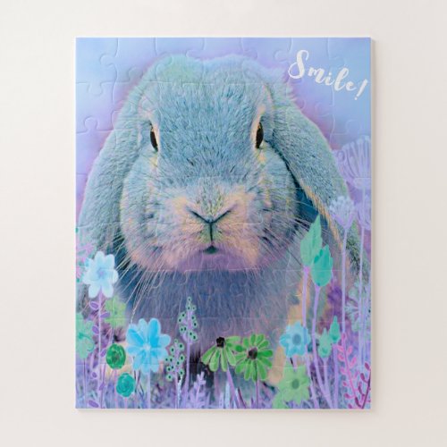 Smile Cute Serious Bunny Garden Floral Blue Text Jigsaw Puzzle