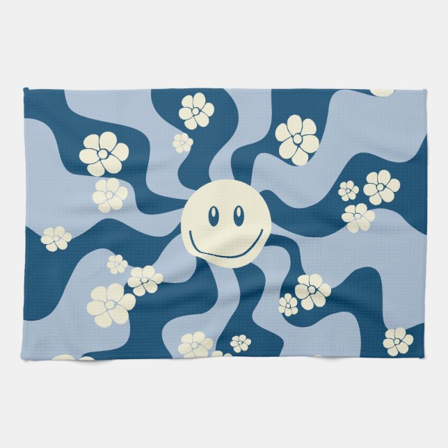 Smile - Dark Blue, Light Blue and Cream Kitchen Towel (Horizontal)