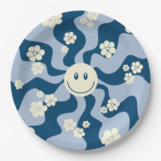 Smile - Dark Blue, Light Blue and Cream Paper Plates (Front)