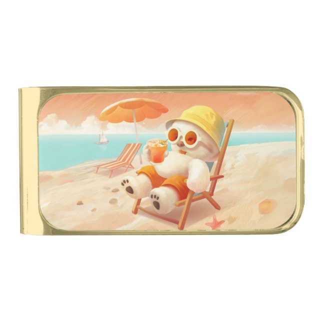 Smile Dog – Beach Mode On Gold Finish Money Clip (Front)