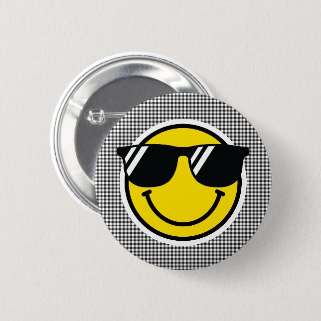 Smile Emoji Happy Face Sunglasses Gingham Fun Button (Front & Back)