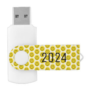 Smile Emoji Happy Yellow Black YEAR Retro Fun Flash Drive