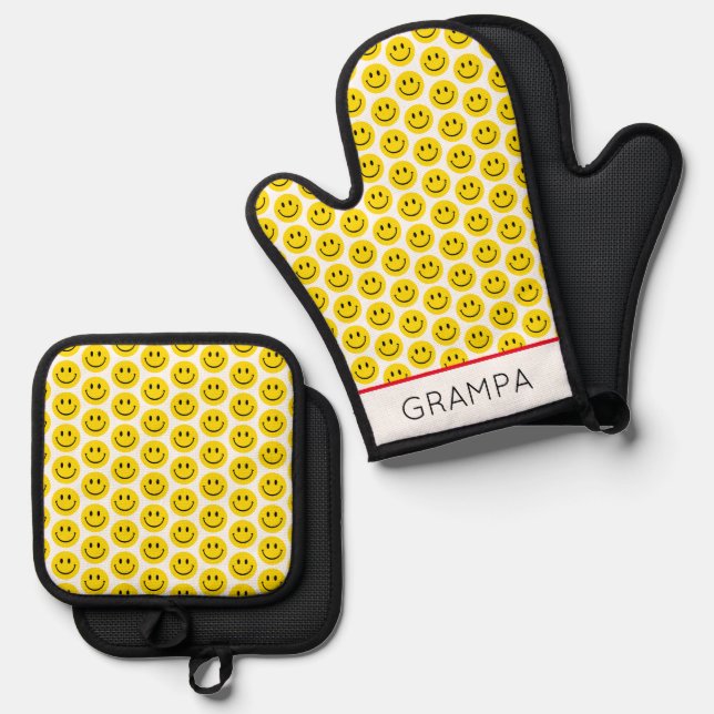 SMILE Emoji Pattern NAME Happy Kind Retro Fun Oven Mitt & Pot Holder Set (Front/Back)