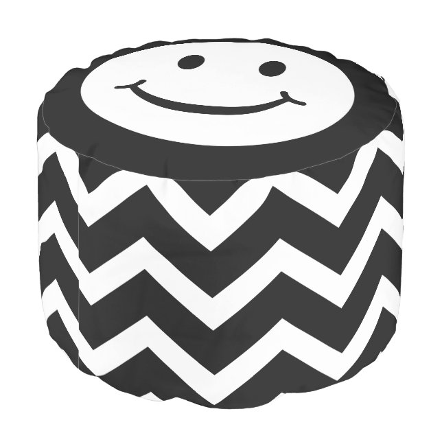 Smile face and chervon black and white round pouf (Angled Back)