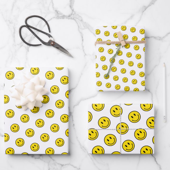 Smile Face Emojis Happy Yellow Polka Dot Fun Wrapping Paper Sheets (Front)