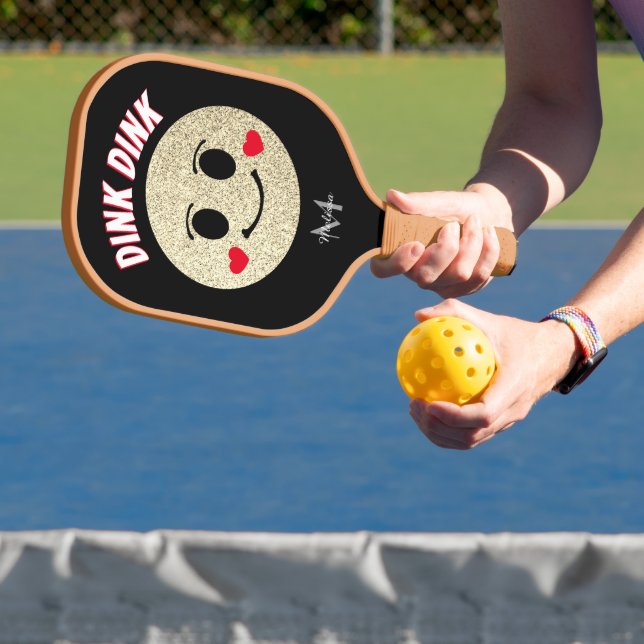 Smile face Gold sparkles hearts dink Monogram Pickleball Paddle (Insitu)