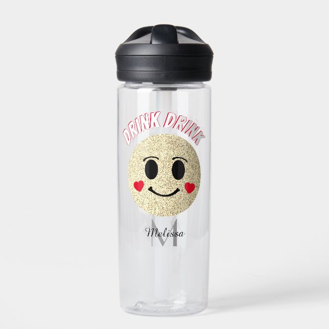 Smile face Gold sparkles hearts drink Monogram Water Bottle (Front)