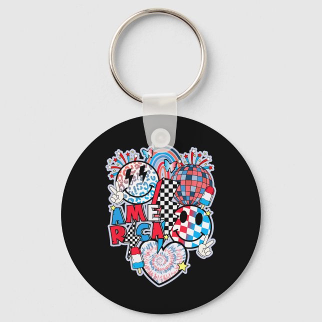 Smile Face Heart American Flag Women Men 4th Of Ju Keychain (Front)