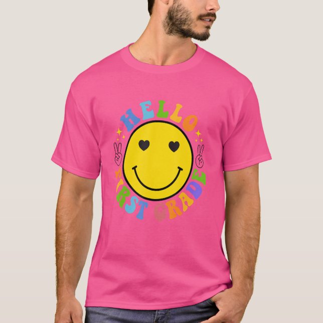 Smile Face Hello First Grade Happy First School Da T-Shirt (Front)