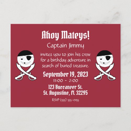Smile Face Jolly Roger Pirate Party Invitation Postcard