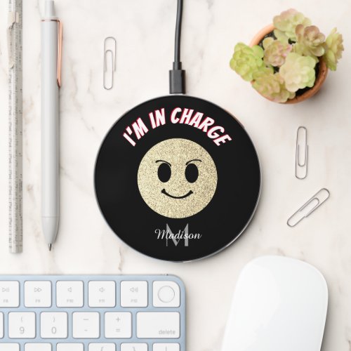 Smile face sparkles Im in charge black Monogram Wireless Charger