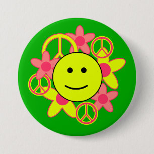 Smile Face with Peace Signs and Flowers Pinback Button