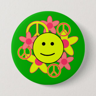Smile Face with Peace Signs and Flowers Pinback Button