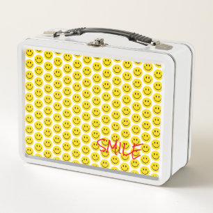 SMILE Face Yellow Black White Happy School Kids Metal Lunch Box