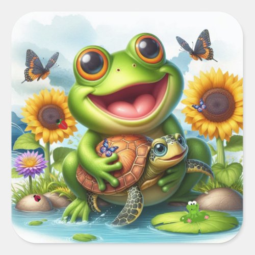Smile Frog and Sea Turtle Scene Square Sticker