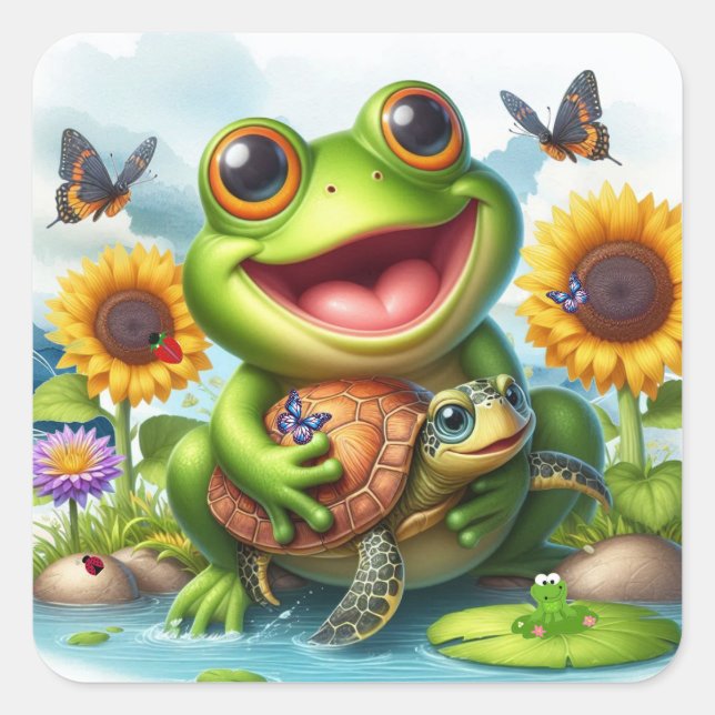 Smile Frog and Sea Turtle Scene Square Sticker (Front)