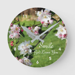 Smile God Loves You Blossoms Inspirational Round Clock