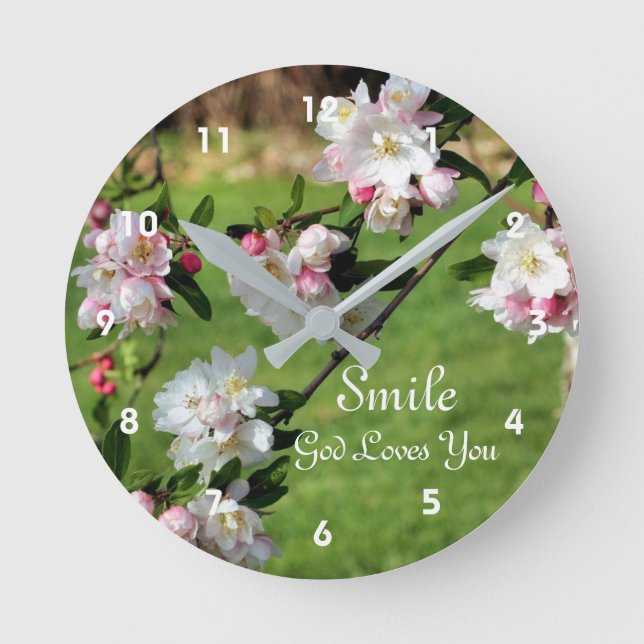 Smile God Loves You Blossoms Inspirational Round Clock (Front)