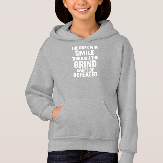 Smile grind gym motivation quote with white text hoodie (Front)