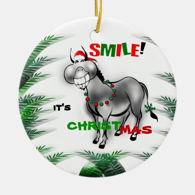 Smile its Christmas Funny Donkey Ornament (Front)