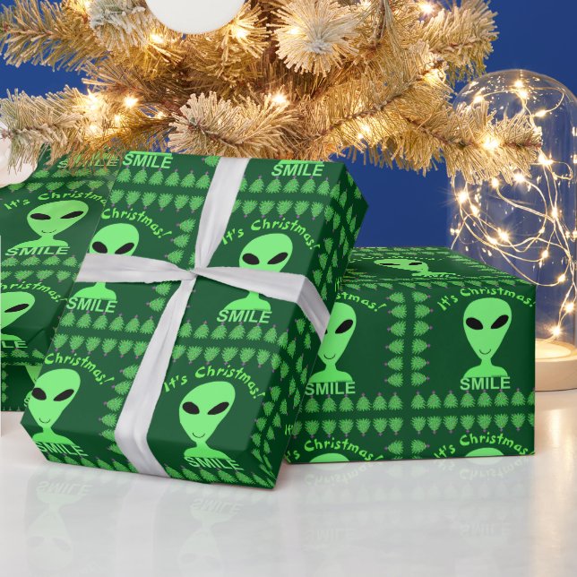 Smile It's Christmas Happy Alien LGM Geek Humor Wrapping Paper (Holidays)