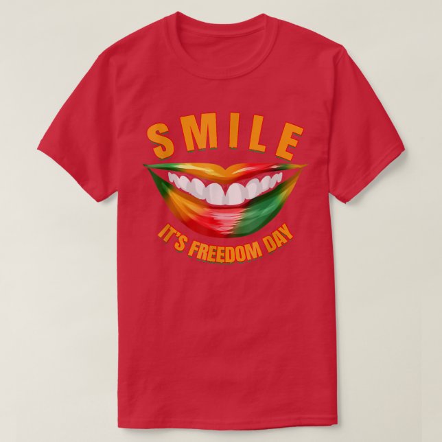 Smile - It's Freedom Day, Afro Black Woman Junetee T-Shirt (Design Front)