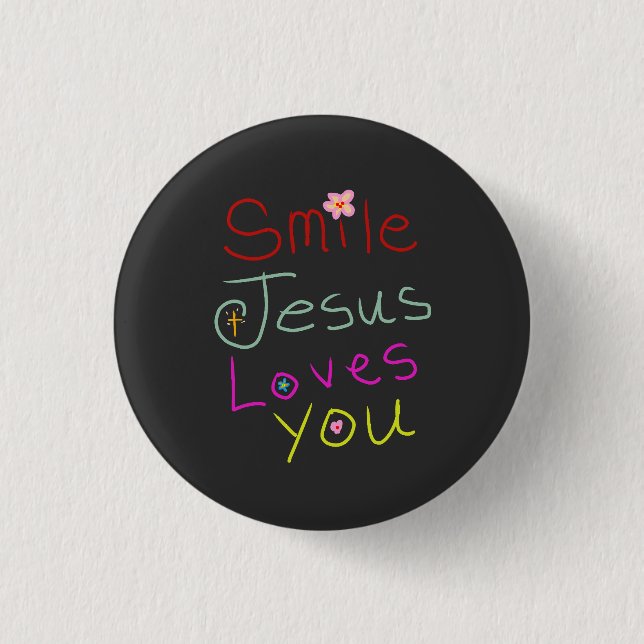 ‘Smile Jesus Loves You’ Colorful Script  Button (Front)