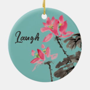 Smile & Laugh Positive Quote Watercolor Floral Ceramic Ornament